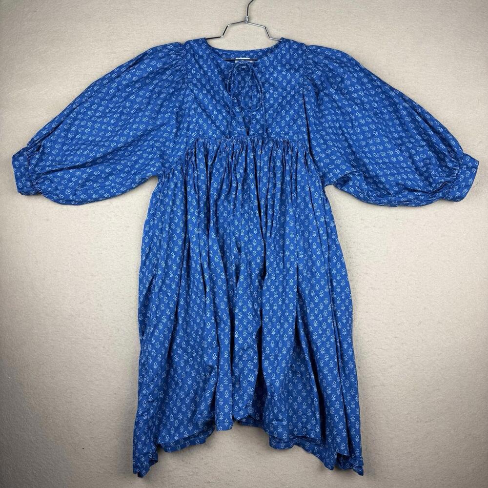 Faherty Lyla Prairie BoHo Peasant Dress Womens SMALL Blue Balloon Organic Cotton